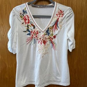 Solitaire Red and White Graphic Embellished Blouse